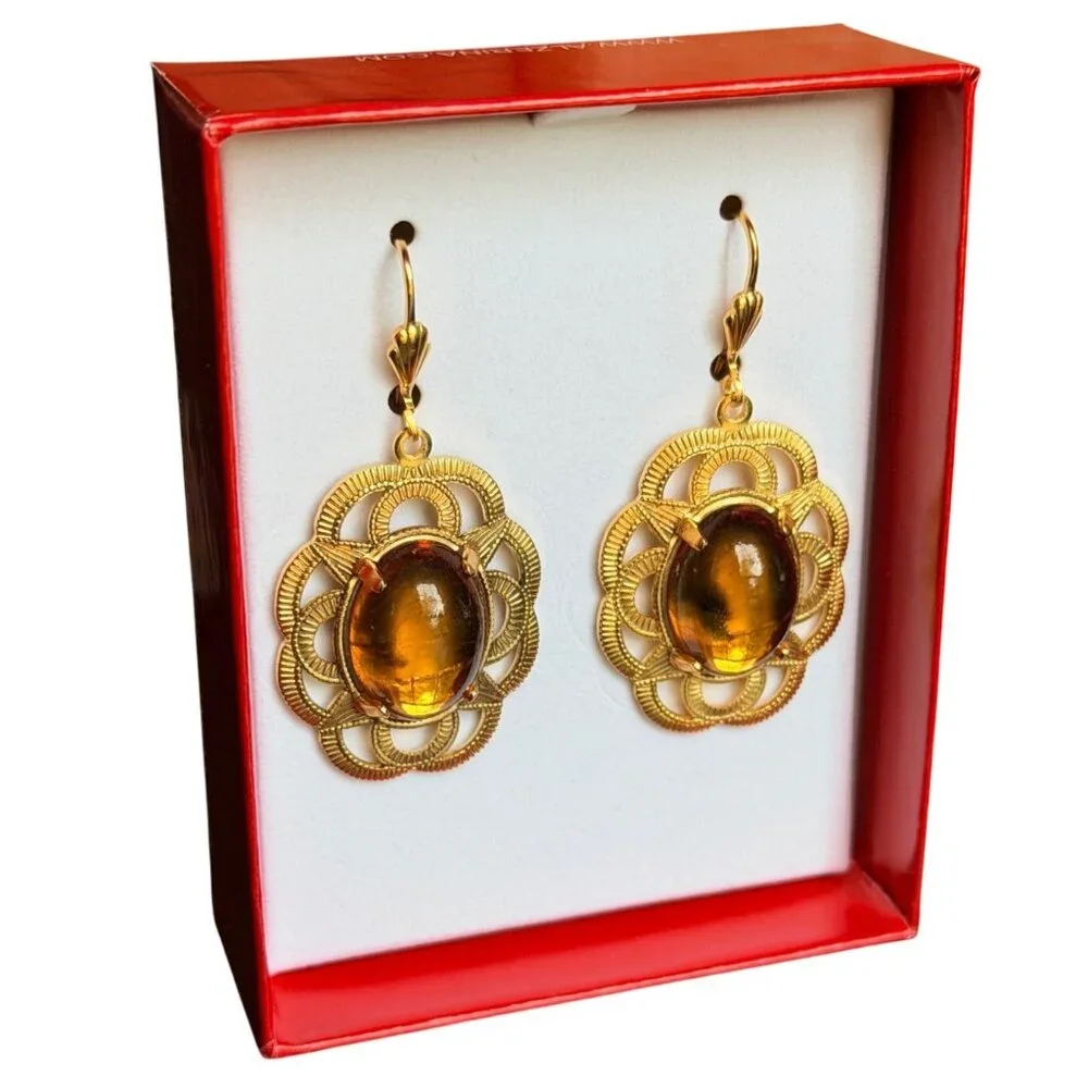 Alzerina Magnolia Earrings Topaz 24kt Gold‎ Plated Filigree Drop Earrings Alzi